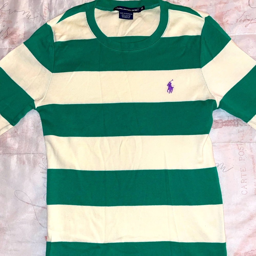 Ralph Lauren Green and Cream Colored Stripe Long sleeve top Size M